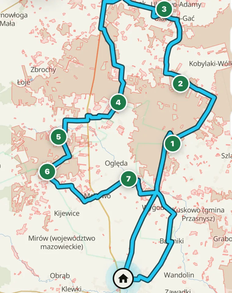 Zrzut z aplikacji OffRoute — 7-punktowa pętla wytyczona duktami wokół Przasnysza z powrotem do startu